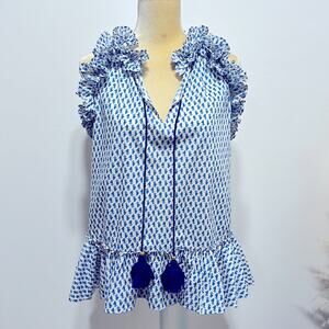 FIGUE Fabiana Ruffle Tassel Print Blouse Size S in Blue
